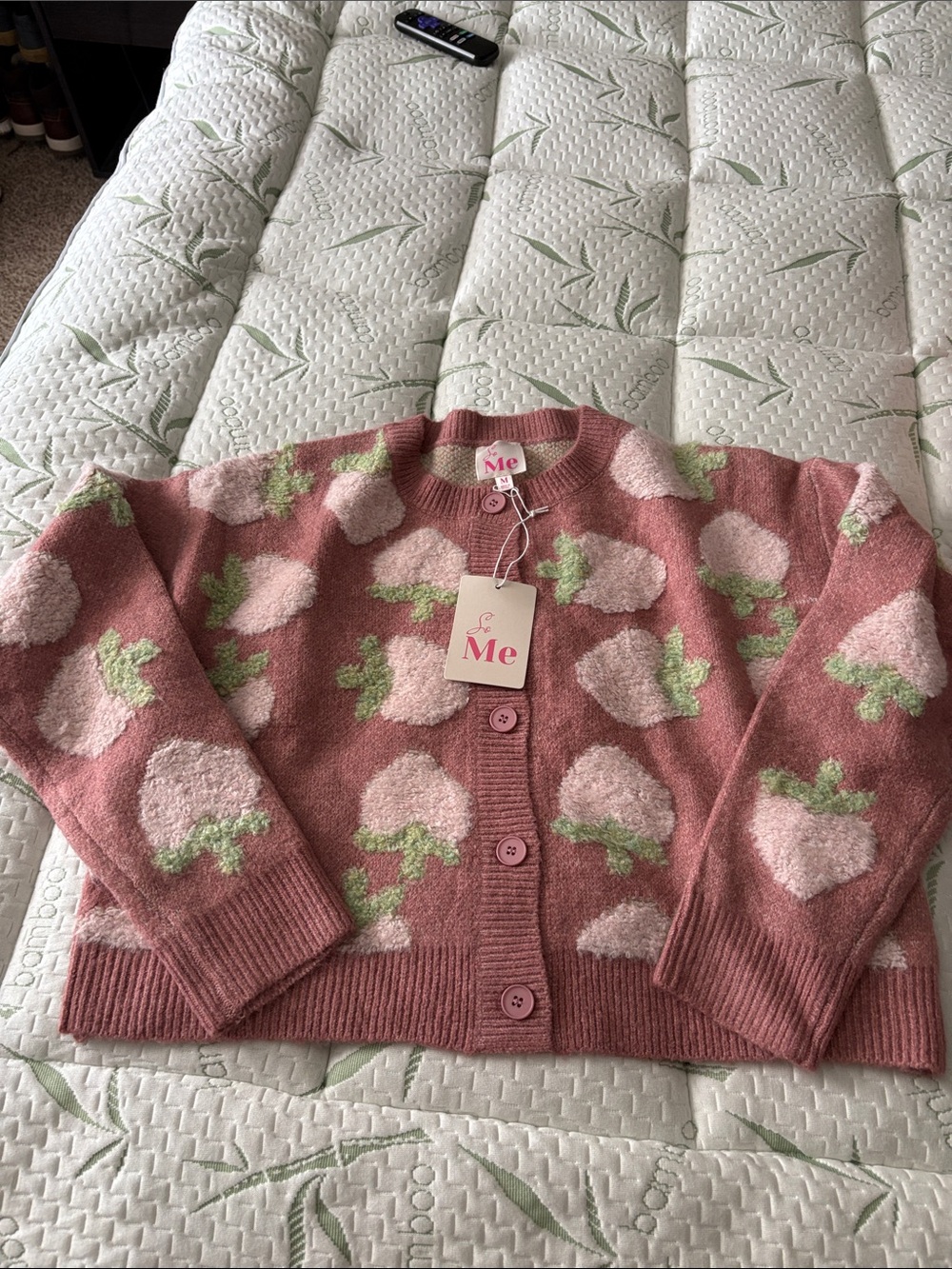 Dusty Rose Strawberry-Print Button Cardigan